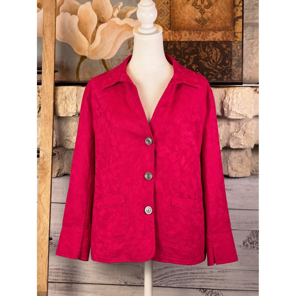 Jones Wear Magenta Pink Linen Cotton Jacquard Leaf Blazer Jacket Size 16
